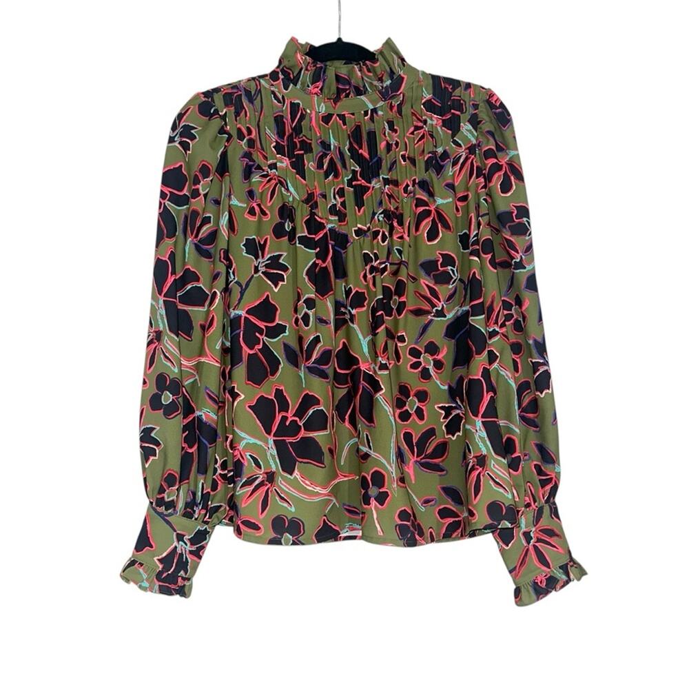 Crosby by Mollie Burch Pleated Mock Neck Long Sleeve Floral Print Blouse SMALL